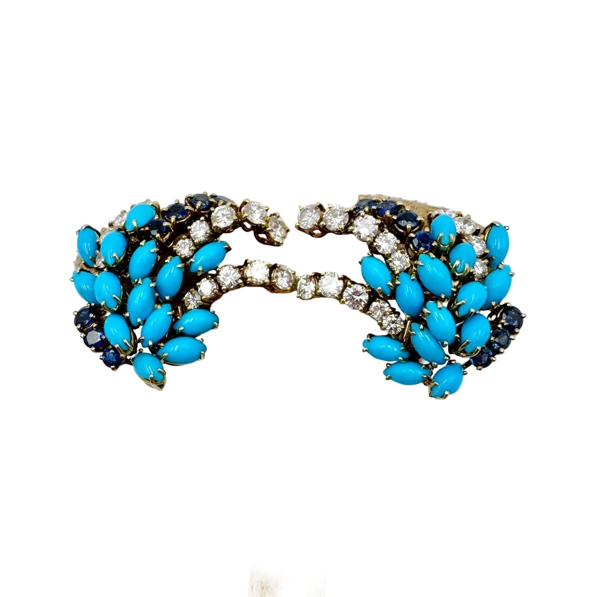 Boucles d'oreilles Clips BOUCHERON or jaune, turquoises, saphirs et diamants - Castafiore