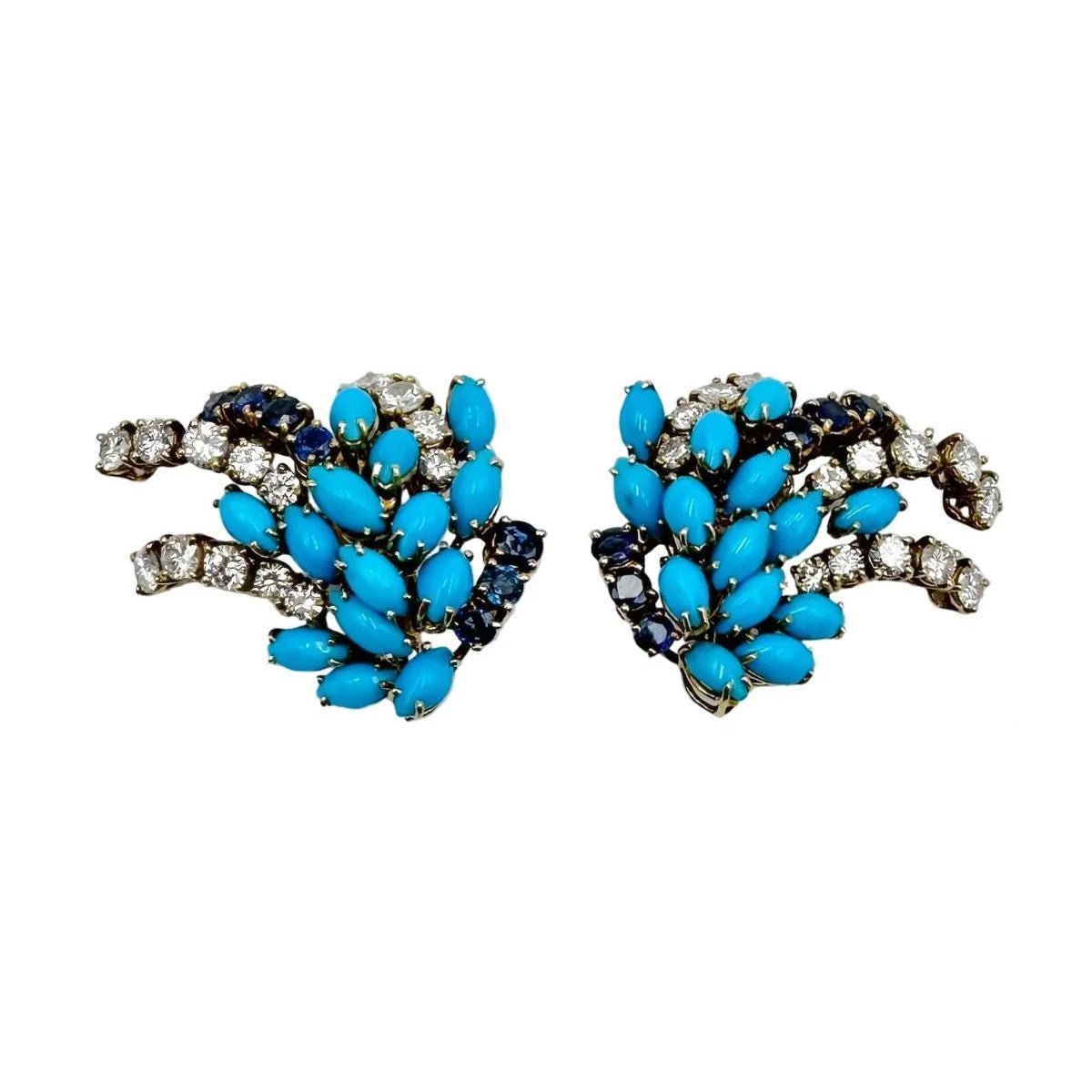 Boucles d'oreilles Clips BOUCHERON or jaune, turquoises, saphirs et diamants - Castafiore