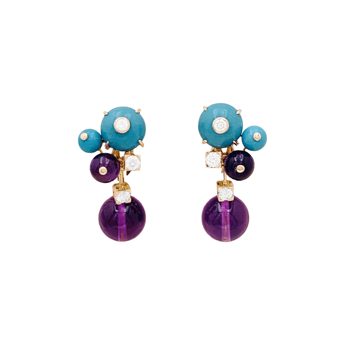 Boucles d'oreilles Clips CARTIER "Délices de Goa" en or rose, turquoise, améthyste et diamants - Castafiore
