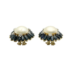 Boucles d'oreilles Clips CREA en or blanc, or jaune, perles, saphirs et diamants - Castafiore