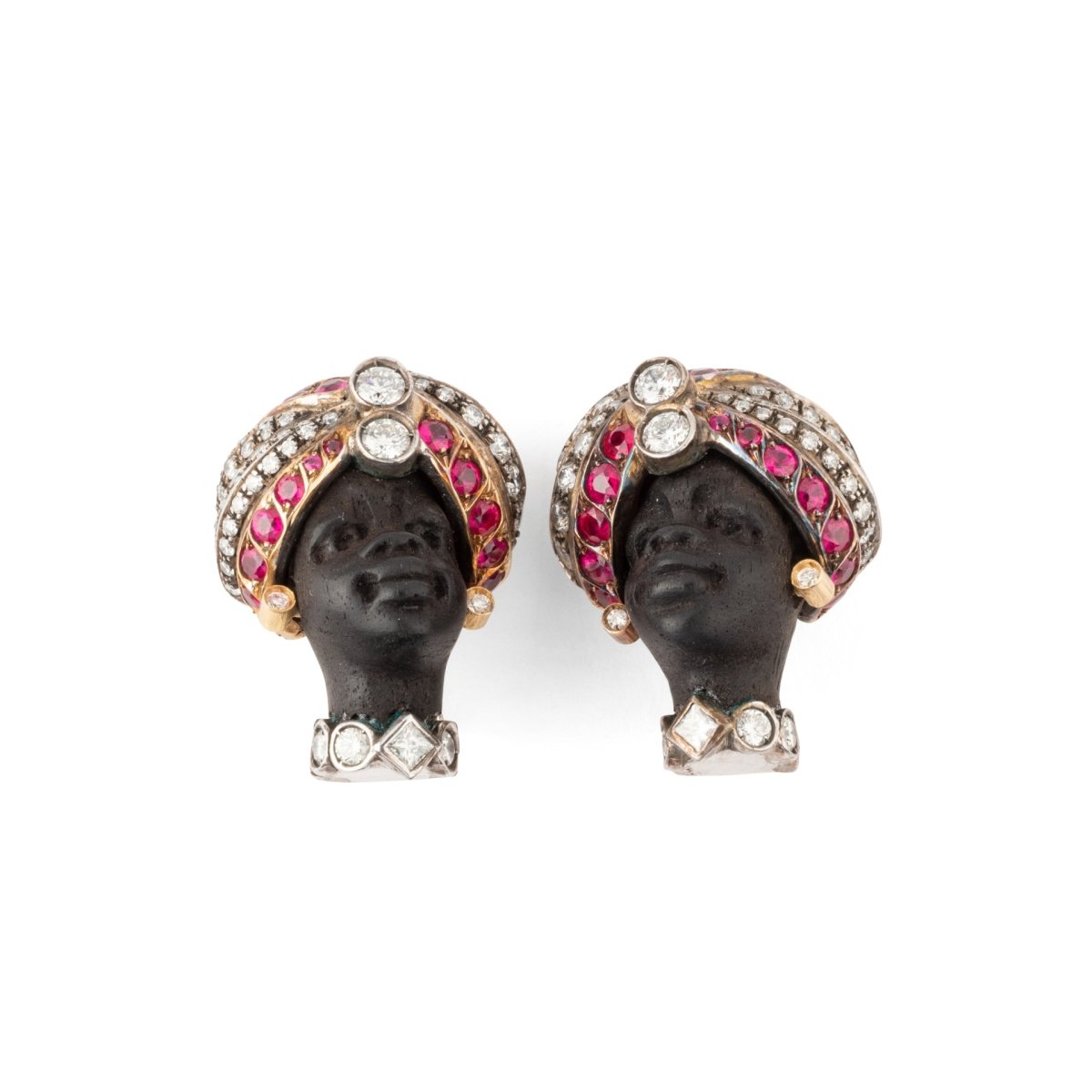 Boucles d'oreilles Clips "Dans le goût de Nardi" en or rose, or blanc, bois, argent et rubis - Castafiore