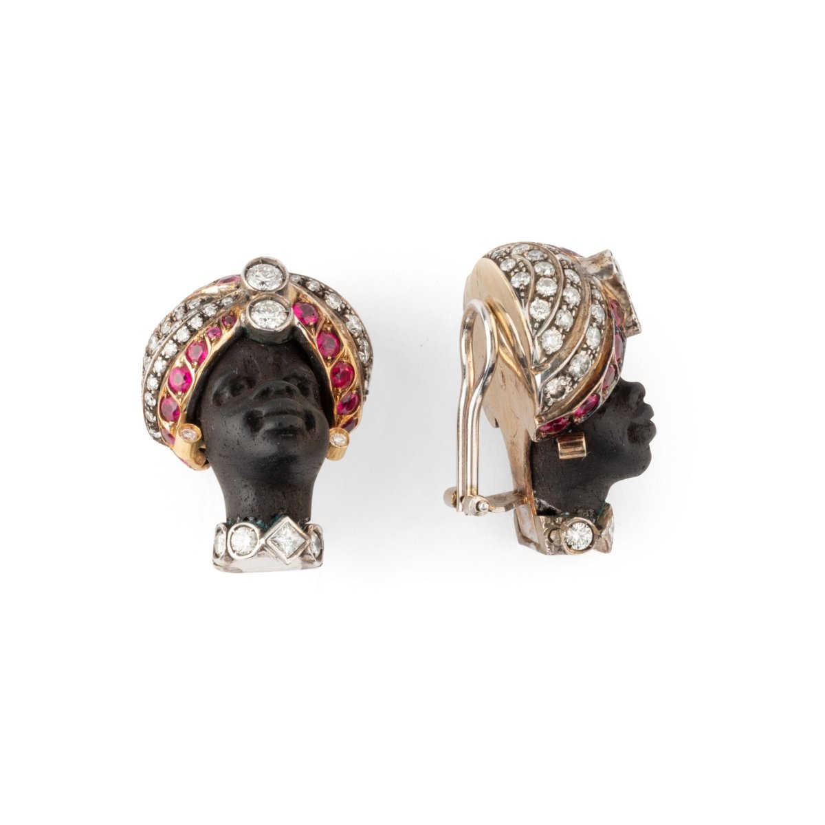 Boucles d'oreilles Clips "Dans le goût de Nardi" en or rose, or blanc, bois, argent et rubis - Castafiore