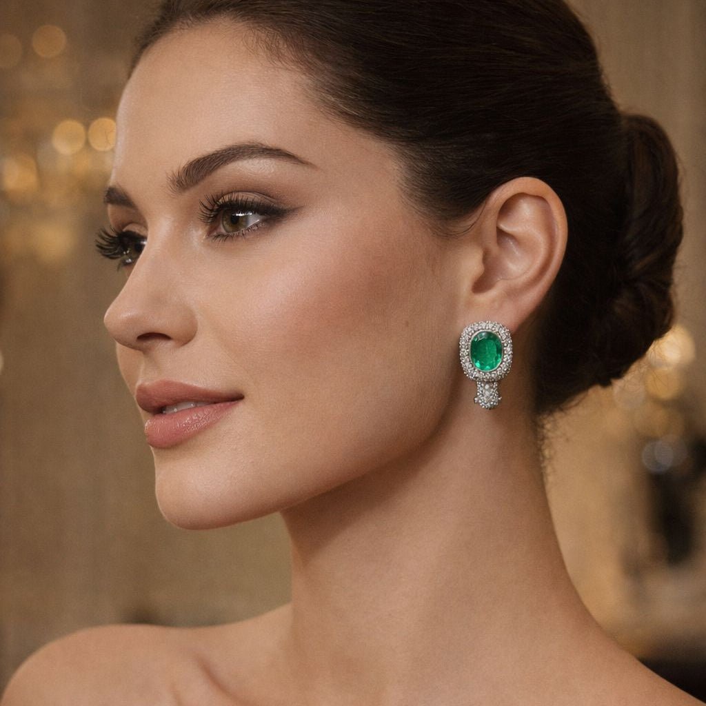 Boucles d'oreilles Clips en or blanc, émeraudes et diamants - Castafiore