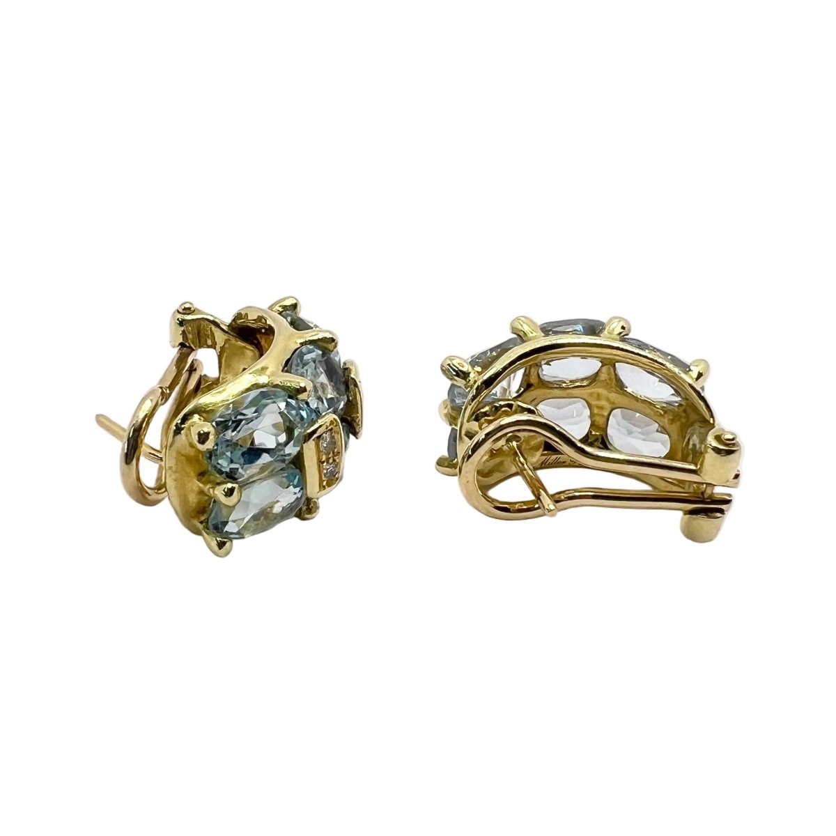 Boucles d'oreilles Clips en or jaune, aigues - marines et diamants - Castafiore