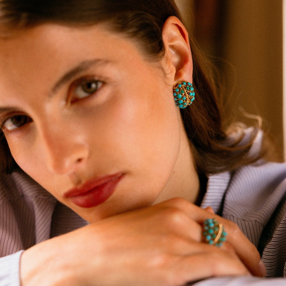 Boucles d'oreilles Clips en or jaune et turquoise - Castafiore