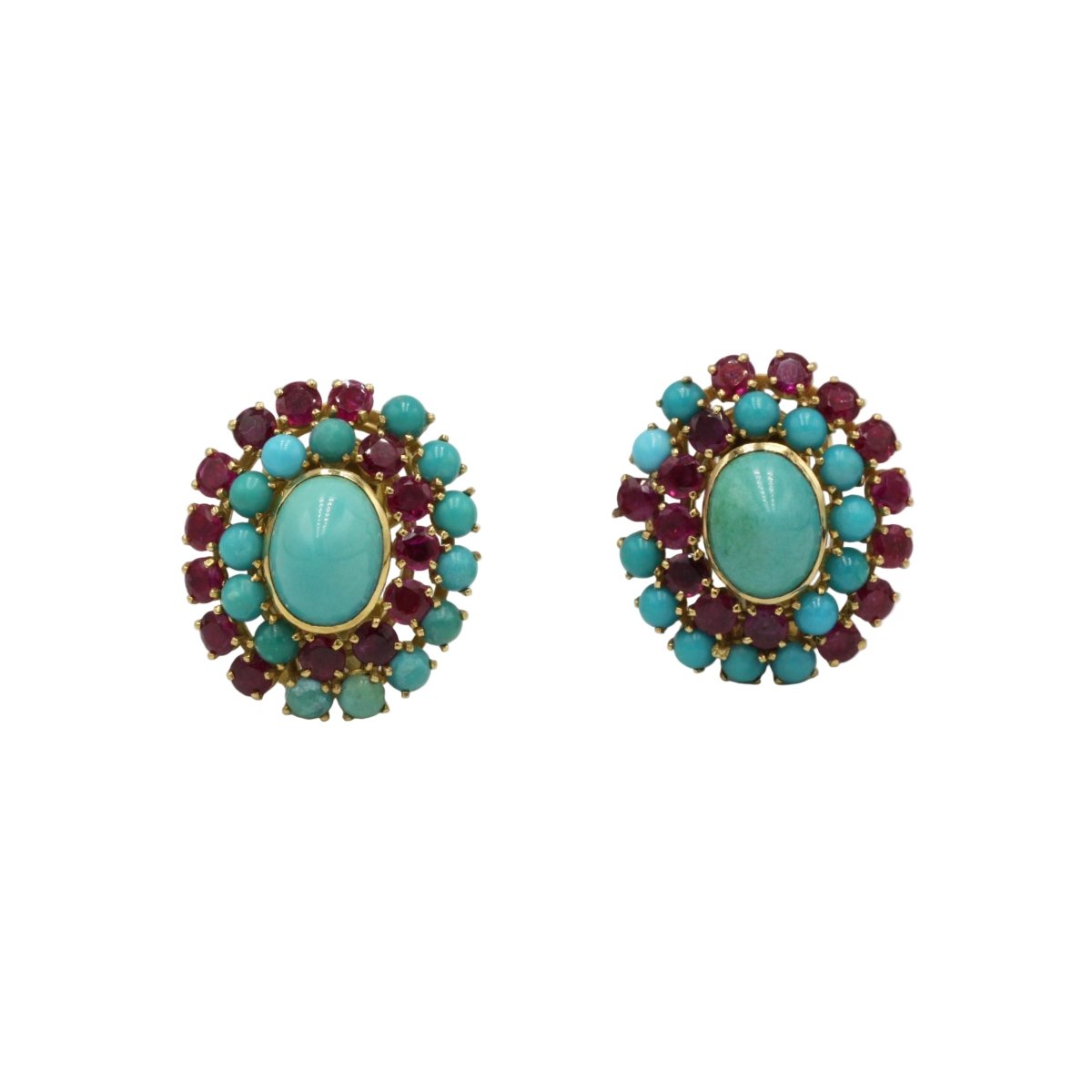 Boucles d'oreilles Clips en or jaune, rubis et turquoises - Castafiore