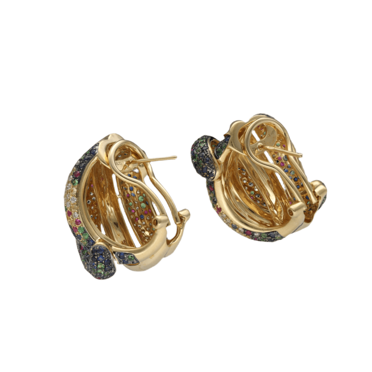 Boucles d'oreilles Clips en or jaune, rubis, saphirs, émeraudes et diamants - Castafiore