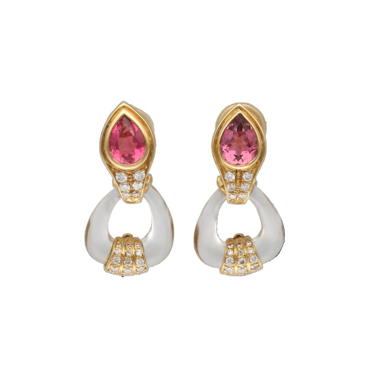 Boucles d'oreilles Clips en or jaune, tourmalines, cristal et diamants - Castafiore