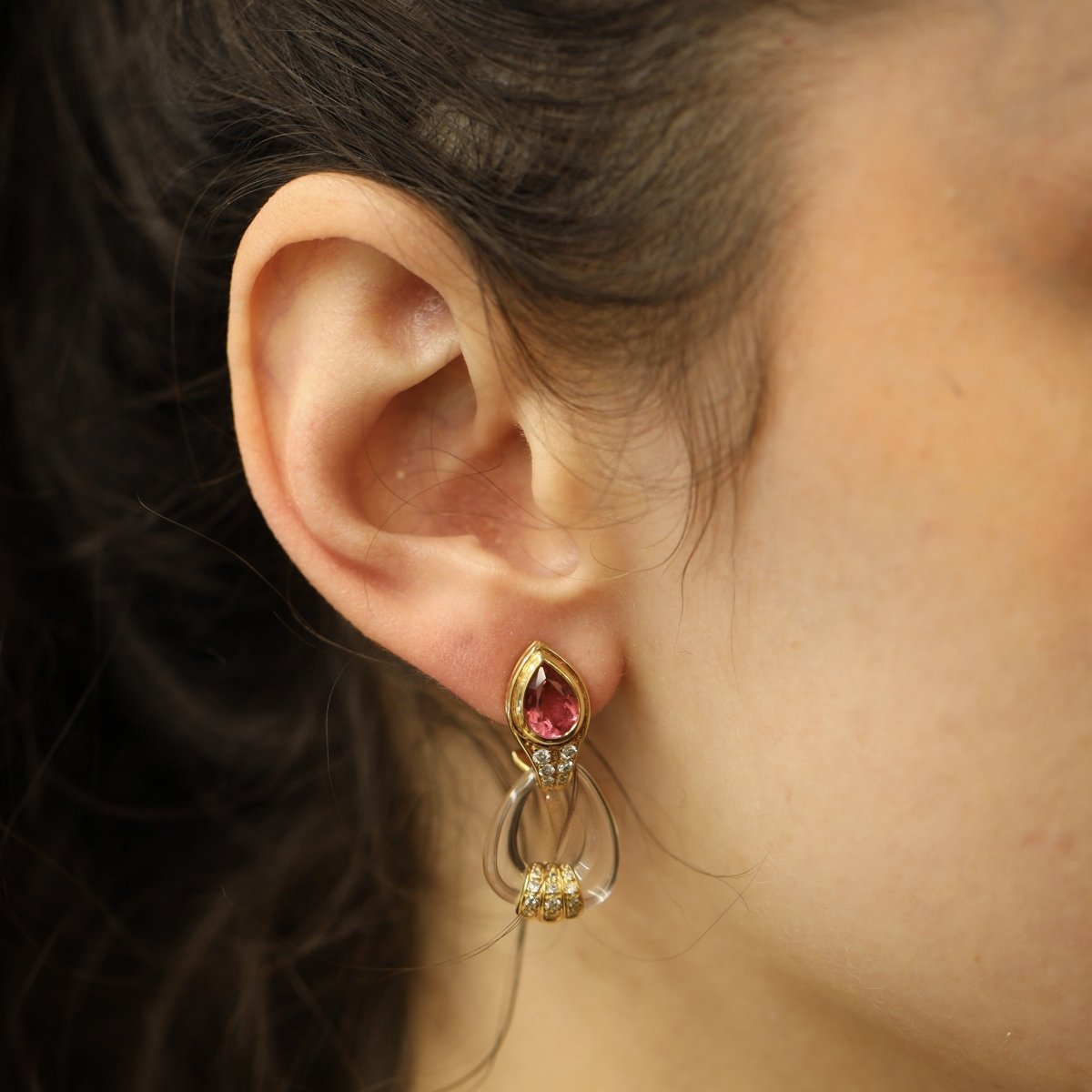 Boucles d'oreilles Clips en or jaune, tourmalines, cristal et diamants - Castafiore