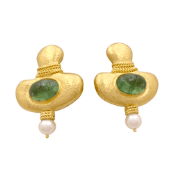 Boucles d'oreilles Clips en or jaune, tourmalines et perles - Castafiore