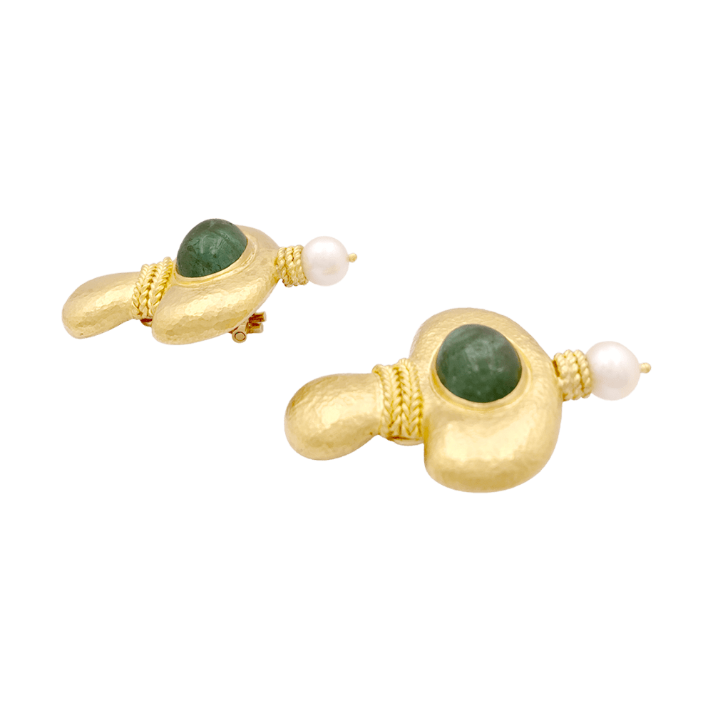 Boucles d'oreilles Clips en or jaune, tourmalines et perles - Castafiore