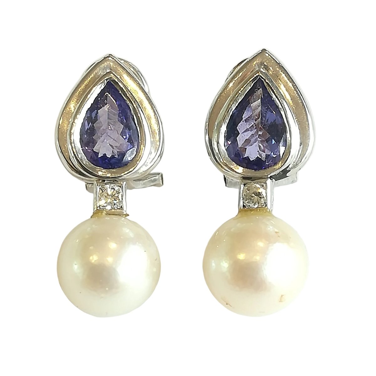 Boucles d'oreilles Clips en platine, perles, tanzanites et diamants - Castafiore