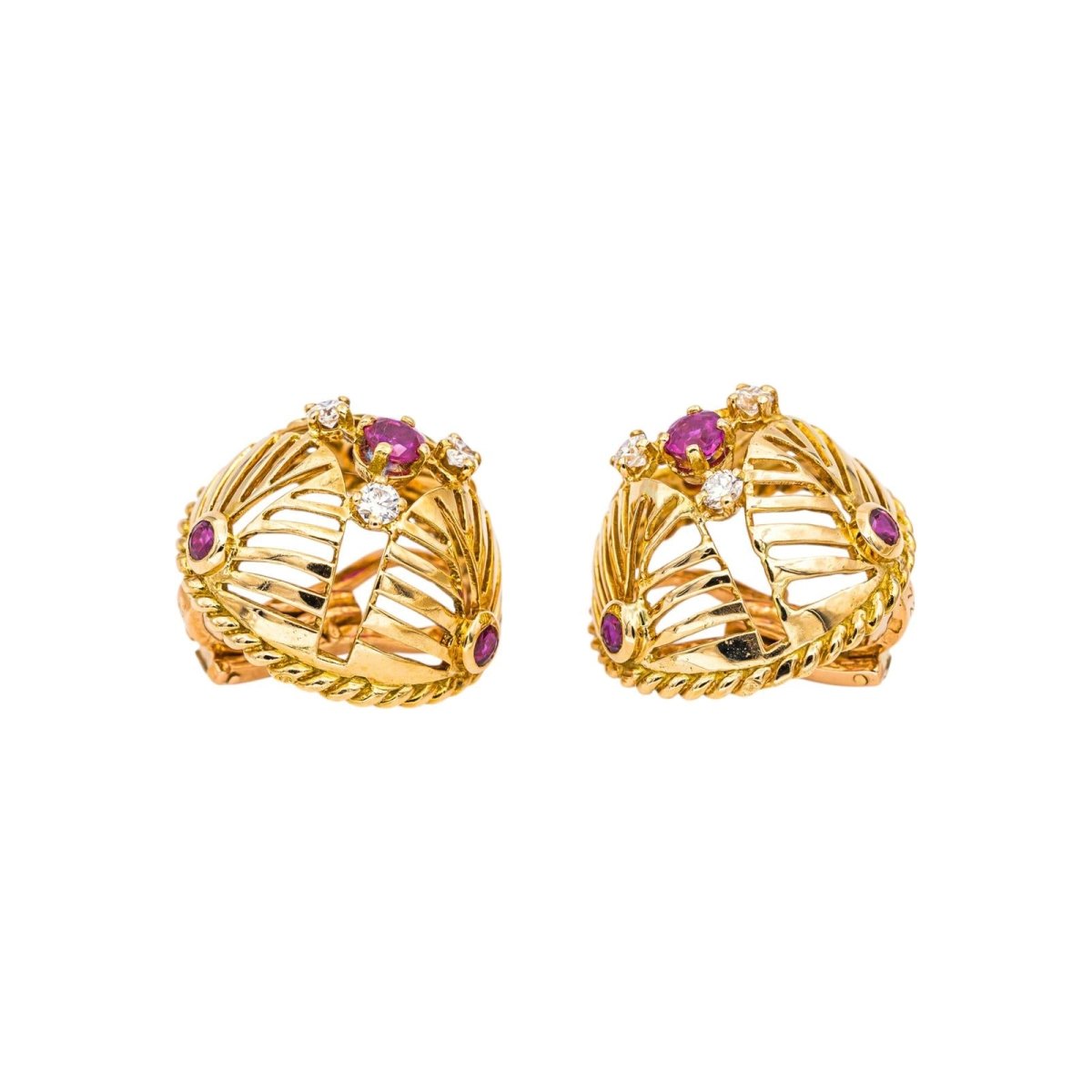 Boucles d'oreilles Clips GÜBELIN en or jaune, rubis et diamants - Castafiore