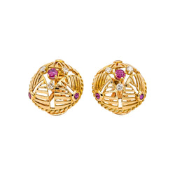 Boucles d'oreilles Clips GÜBELIN en or jaune, rubis et diamants - Castafiore