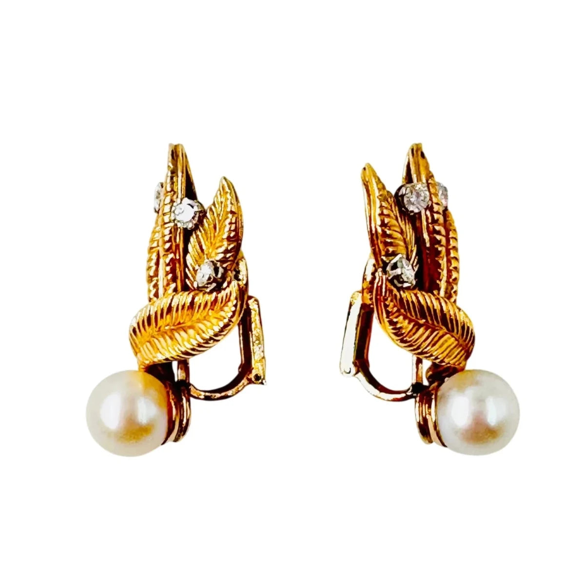 Boucles d'oreilles Clips Plumes en or jaune, platine, perles et diamants - Castafiore