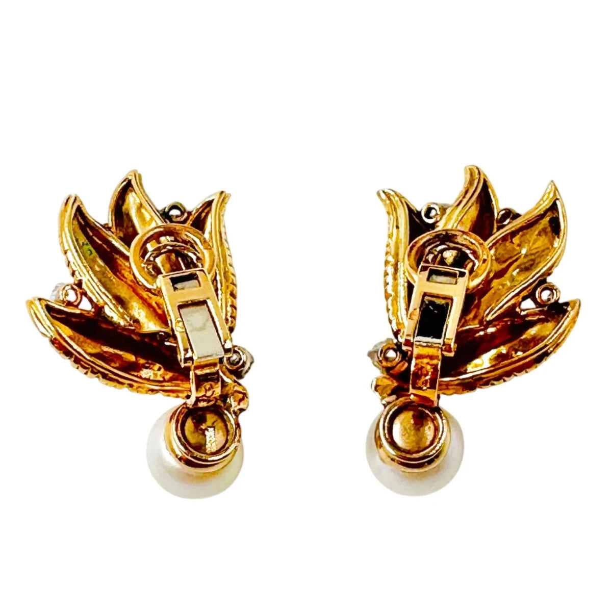 Boucles d'oreilles Clips Plumes en or jaune, platine, perles et diamants - Castafiore