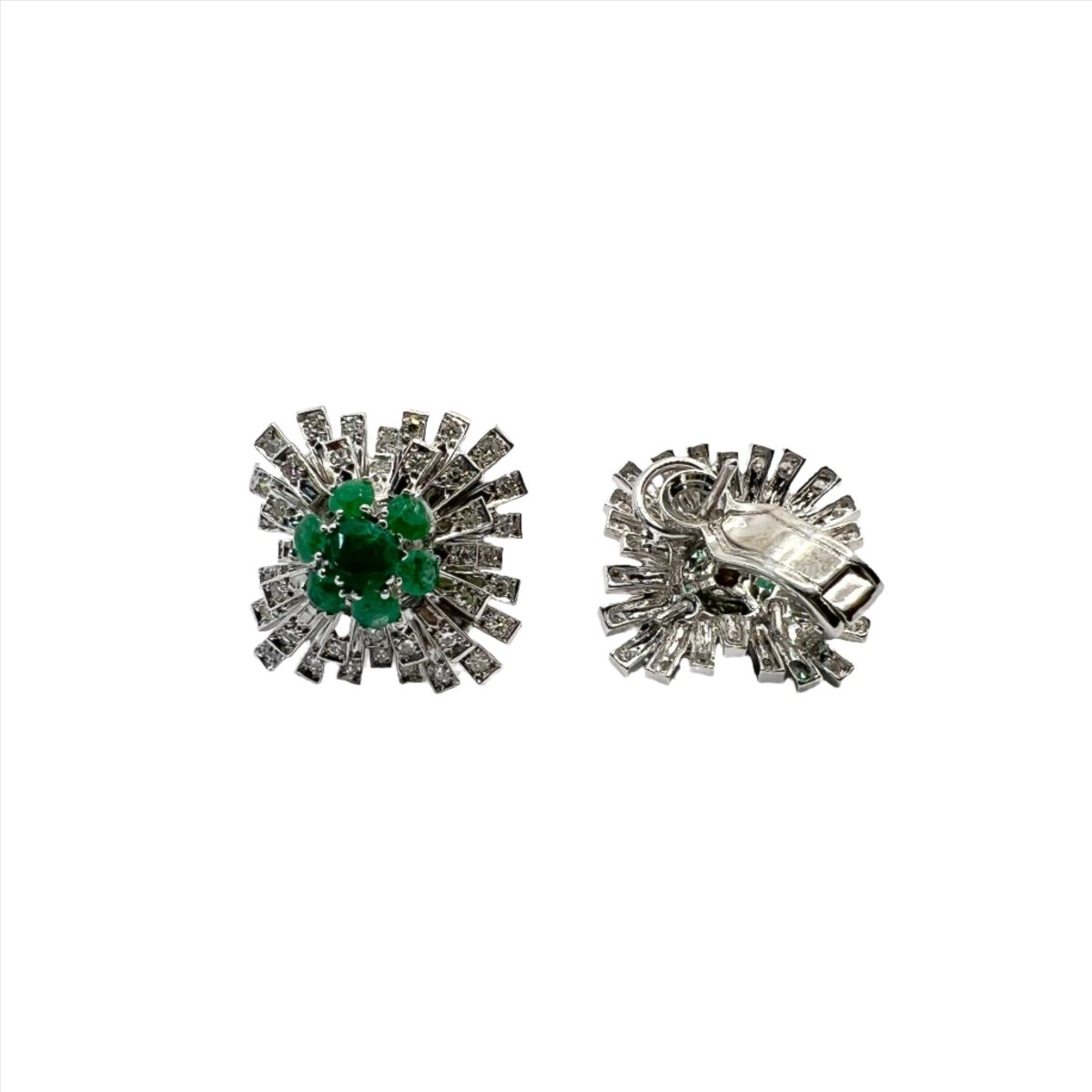 Boucles d'oreilles Clou en or blanc, diamants et émeraudes - Castafiore