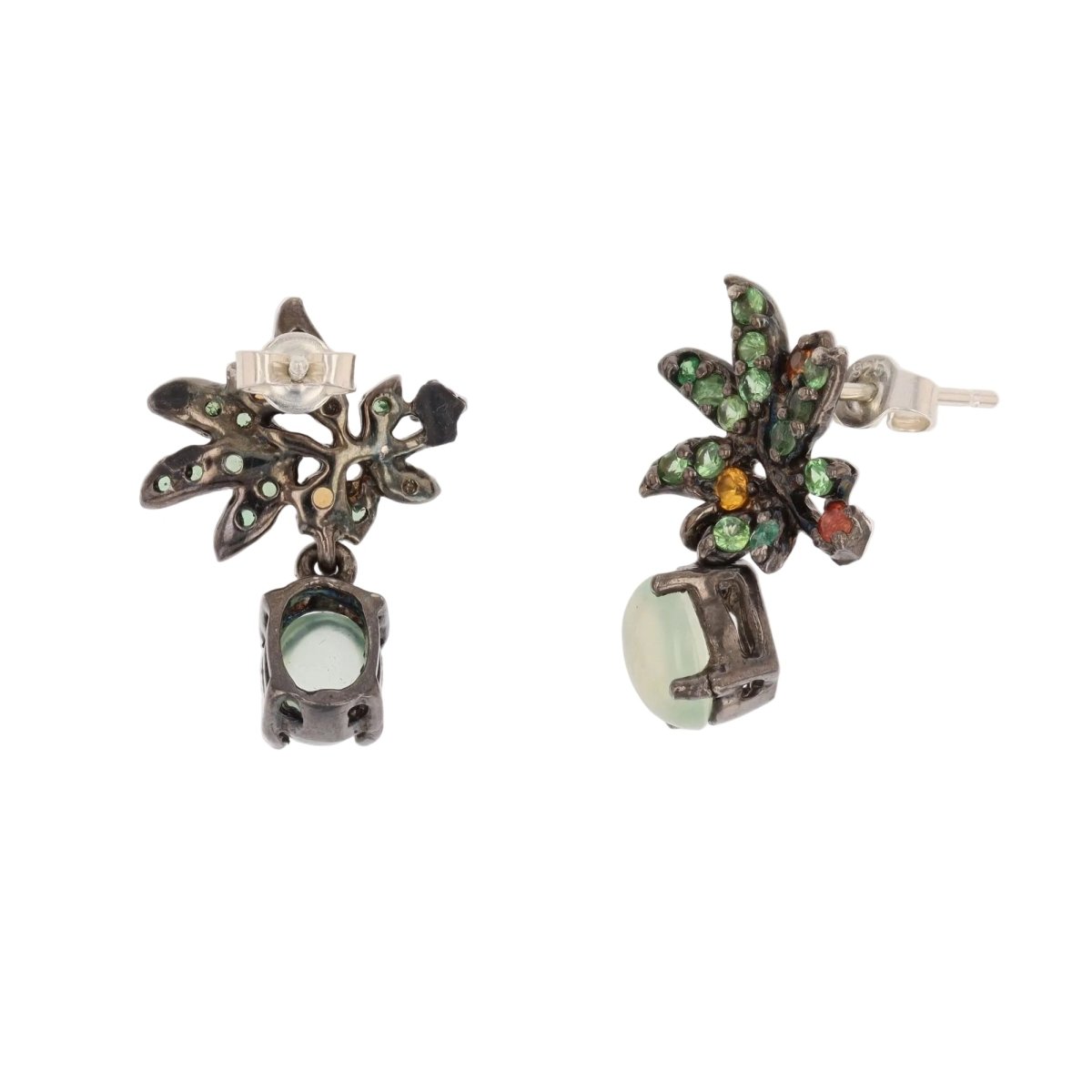 Earrings prehnite garnets on silver blackened