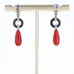 Boucles d'oreilles Clous en or blanc, corail, onyx et diamants - Castafiore