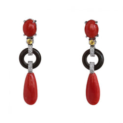 Boucles d'oreilles Clous en or blanc, corail, onyx et diamants - Castafiore
