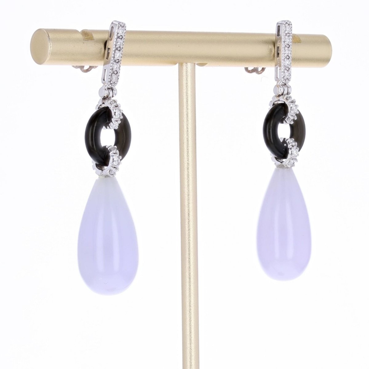 Boucles d'oreilles Clous en or blanc, onyx, jade et diamants - Castafiore