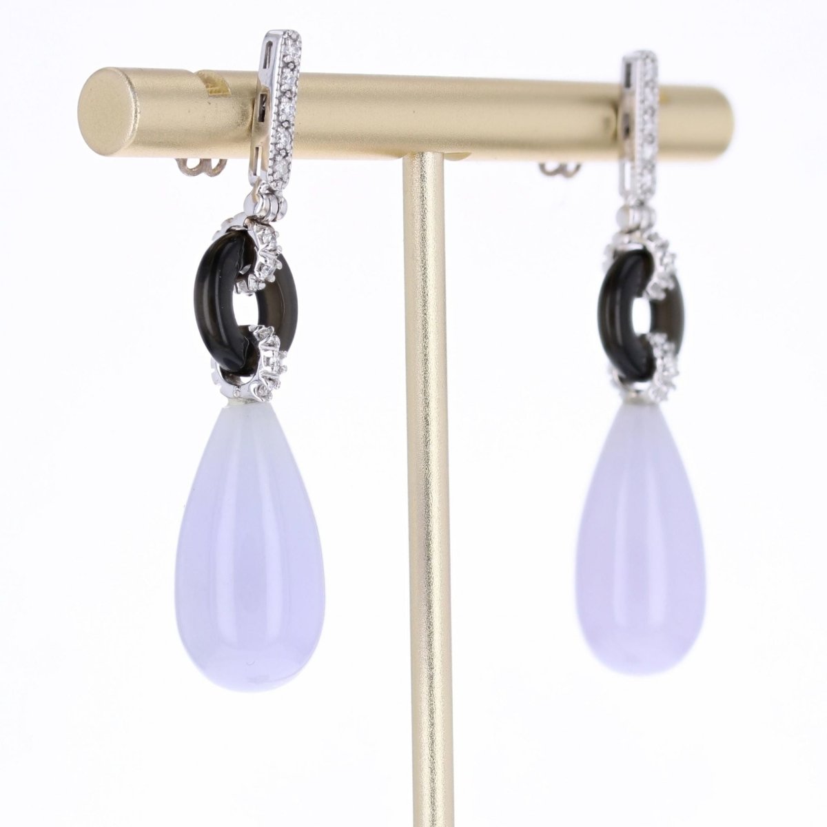 Boucles d'oreilles Clous en or blanc, onyx, jade et diamants - Castafiore