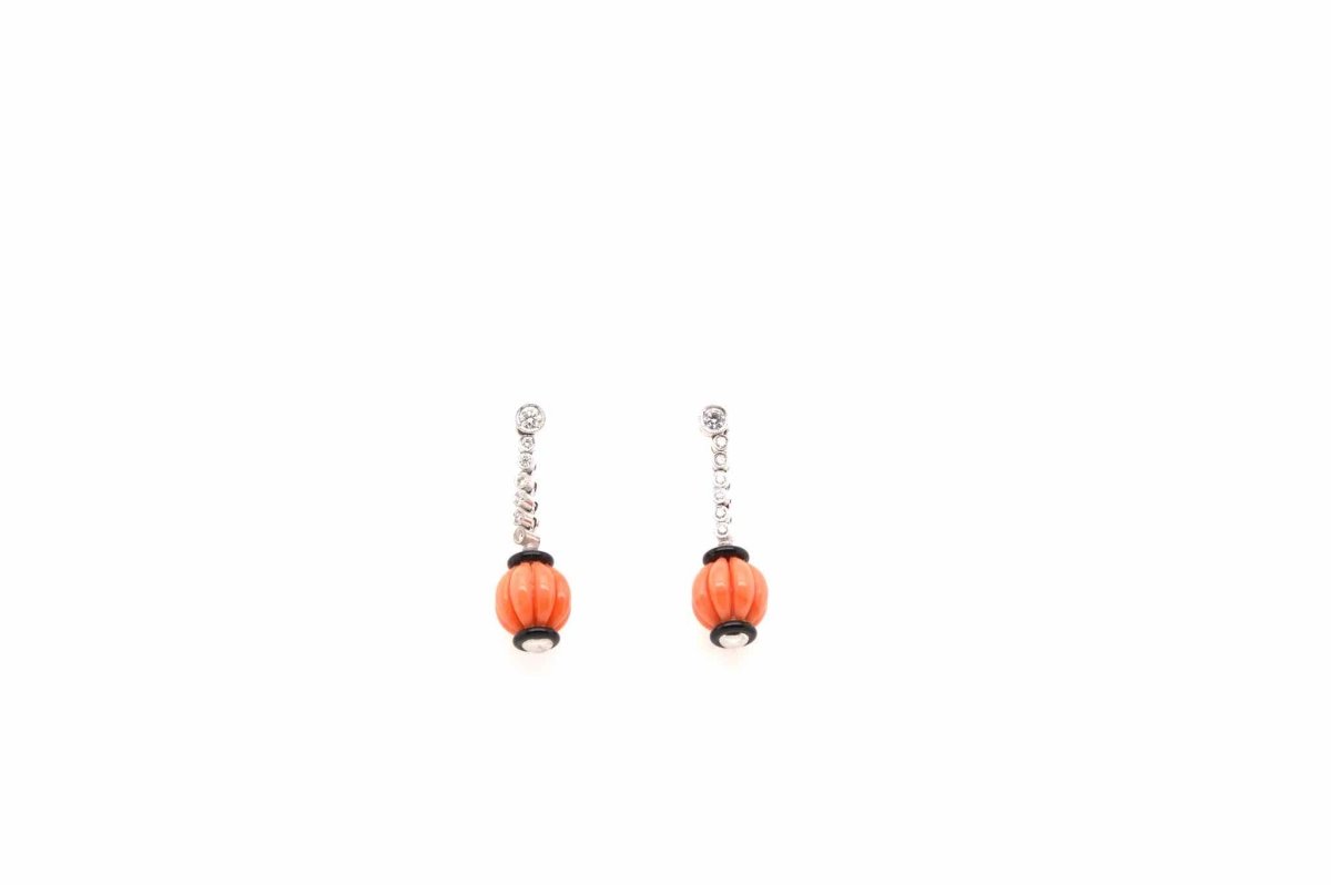 Boucles d'oreilles corail onyx et diamants - Castafiore