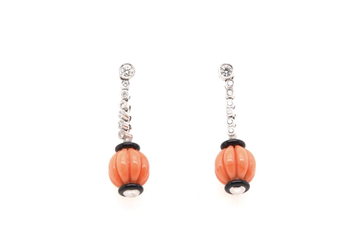 Boucles d'oreilles corail onyx et diamants - Castafiore