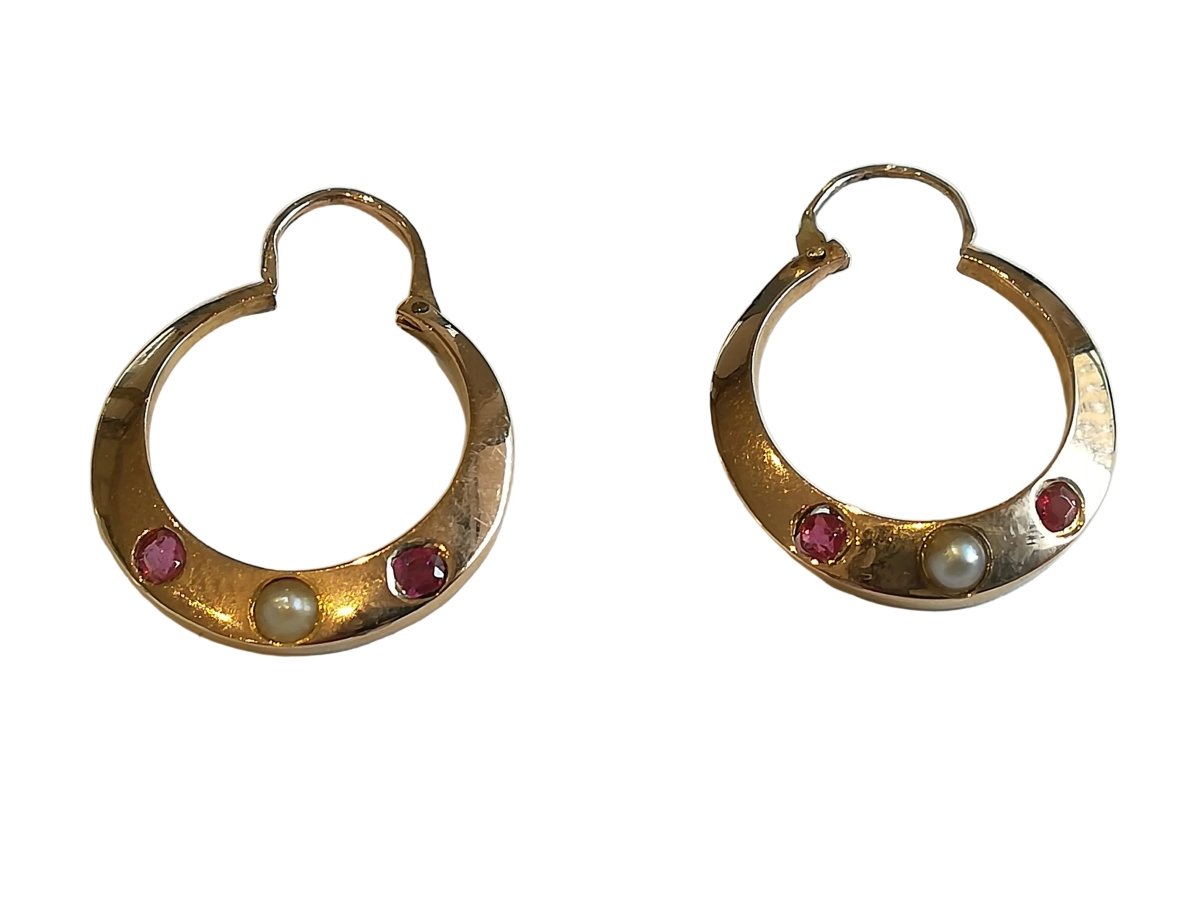 Boucles d'oreilles Créoles en or rose, pierres rouges et perles - Castafiore