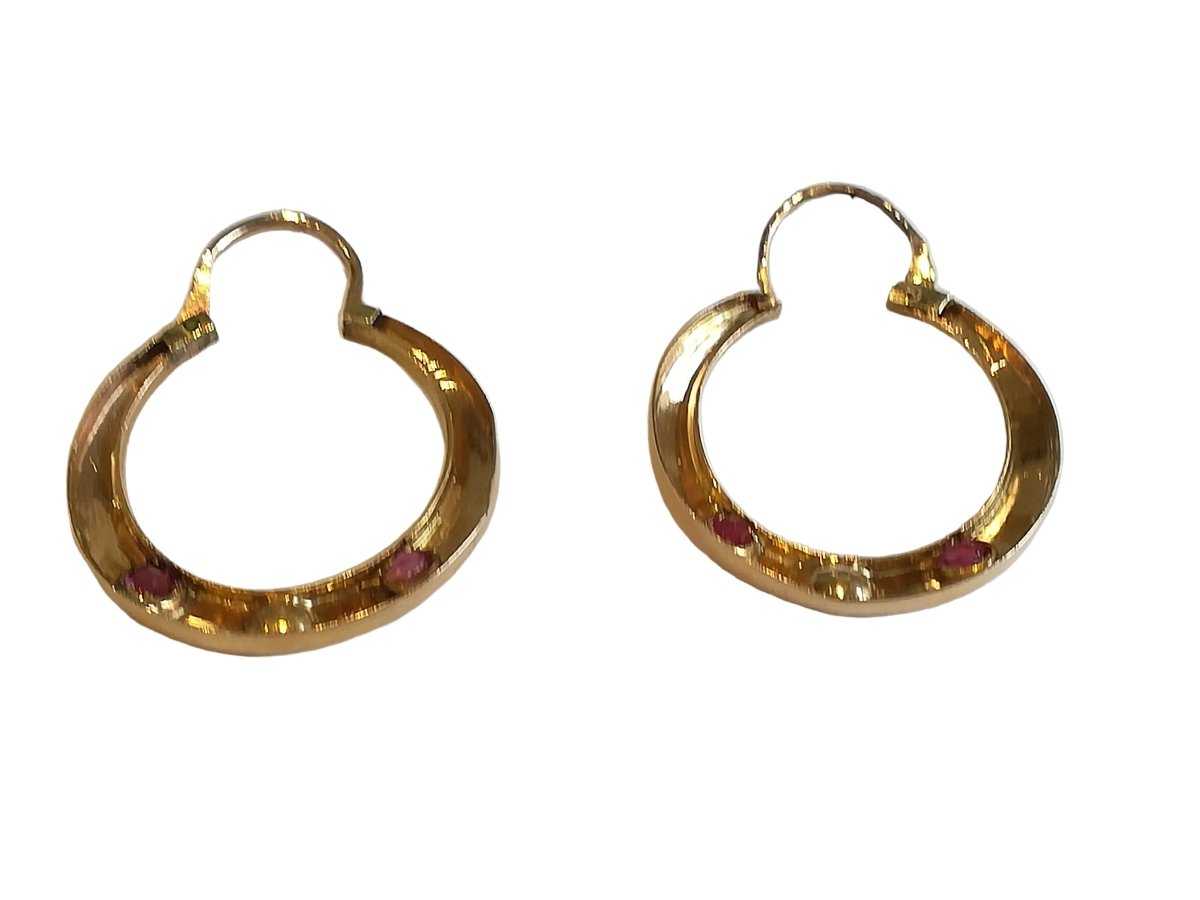 Boucles d'oreilles Créoles en or rose, pierres rouges et perles - Castafiore