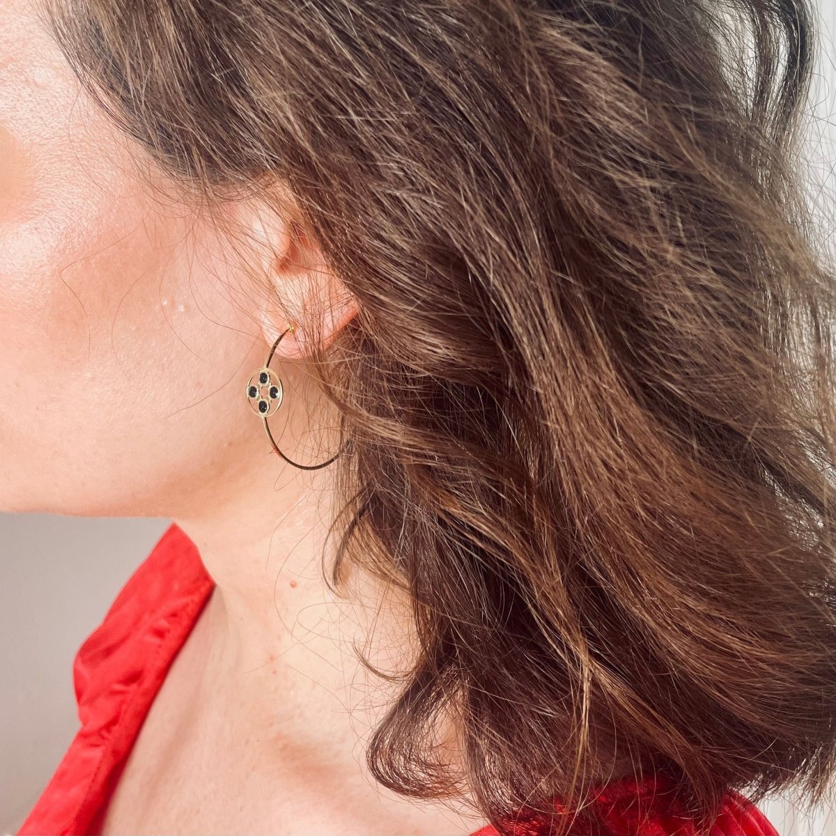 Boucles d'oreilles créoles pastilles en or jaune et onyx - Castafiore