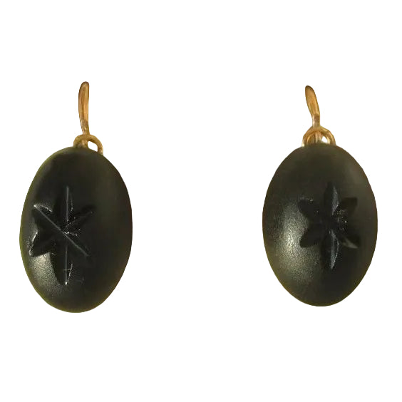 Boucles d’oreilles dormeuses anciennes Jais étoilé Or rose - Castafiore