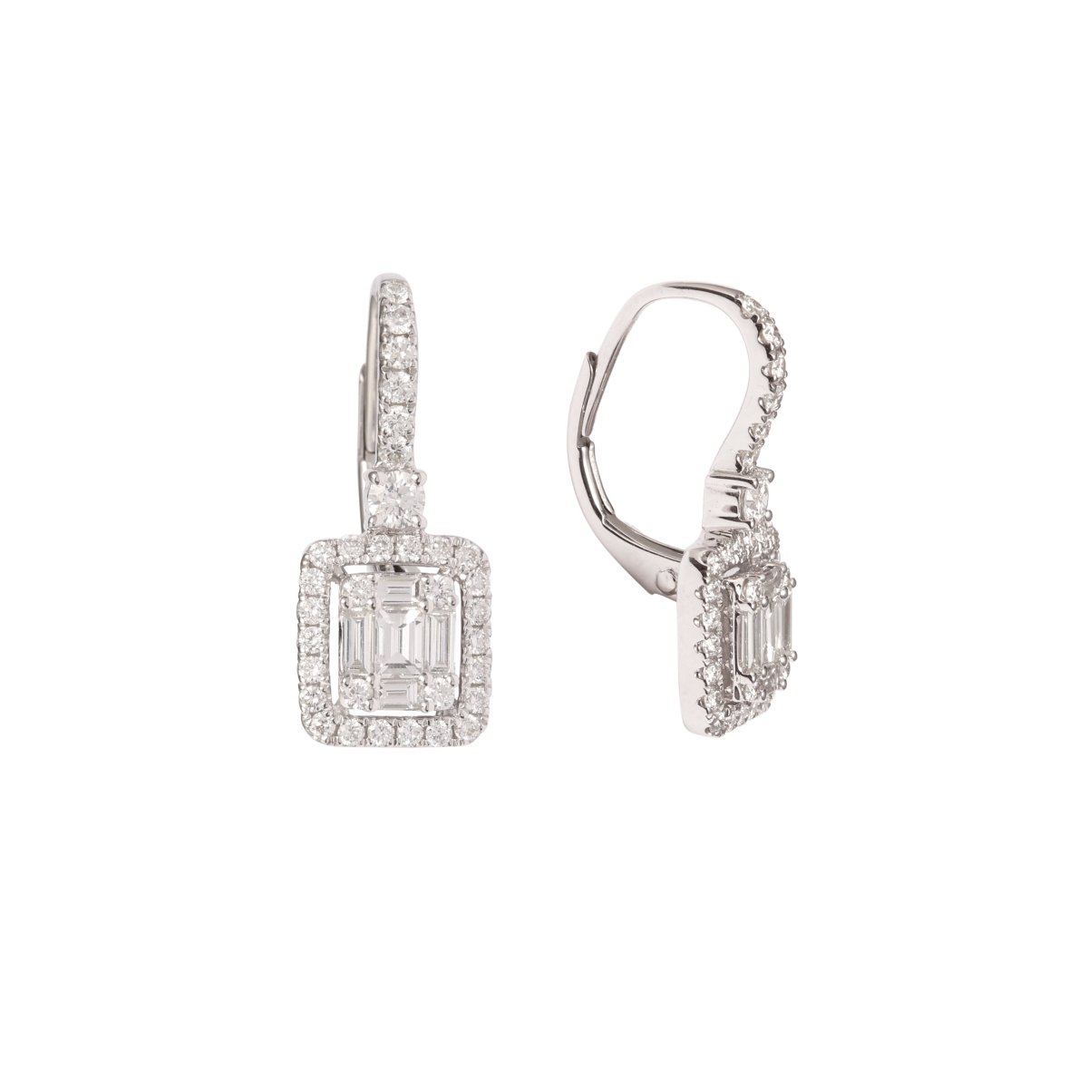 Boucles d’Oreilles Dormeuses Diamants Effet Taille Emeraude Or Gris 18 Carats - Castafiore