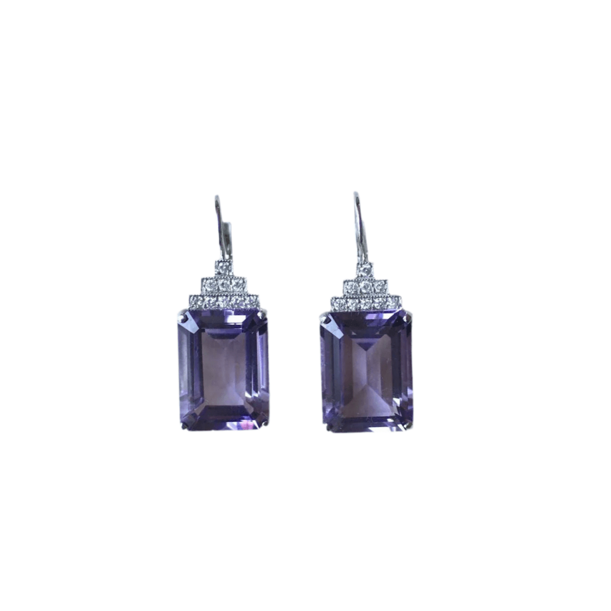 Boucles d'oreilles Dormeuses en or blanc, améthystes et diamants - Castafiore