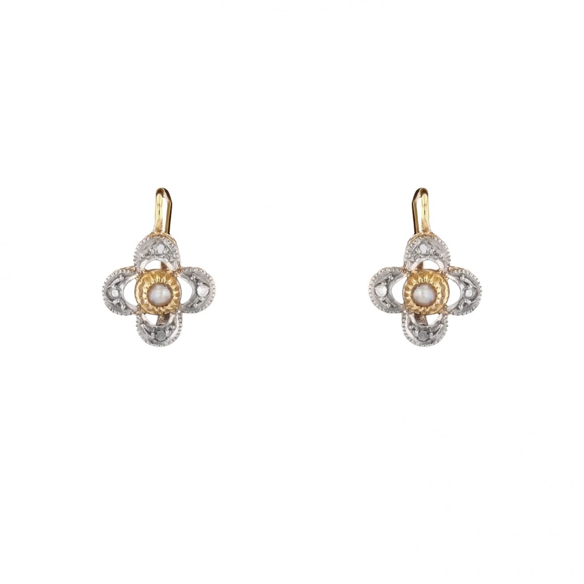 Boucles d'oreilles Dormeuses en or blanc, or rose, perles et diamants - Castafiore