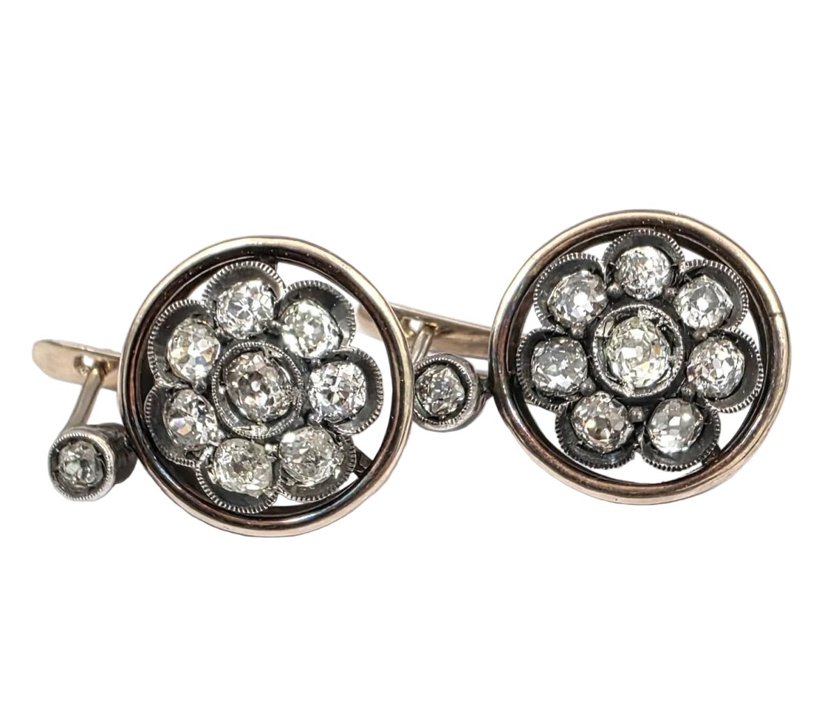 Boucles d'oreilles Dormeuses en or jaune, argent et diamants - Castafiore