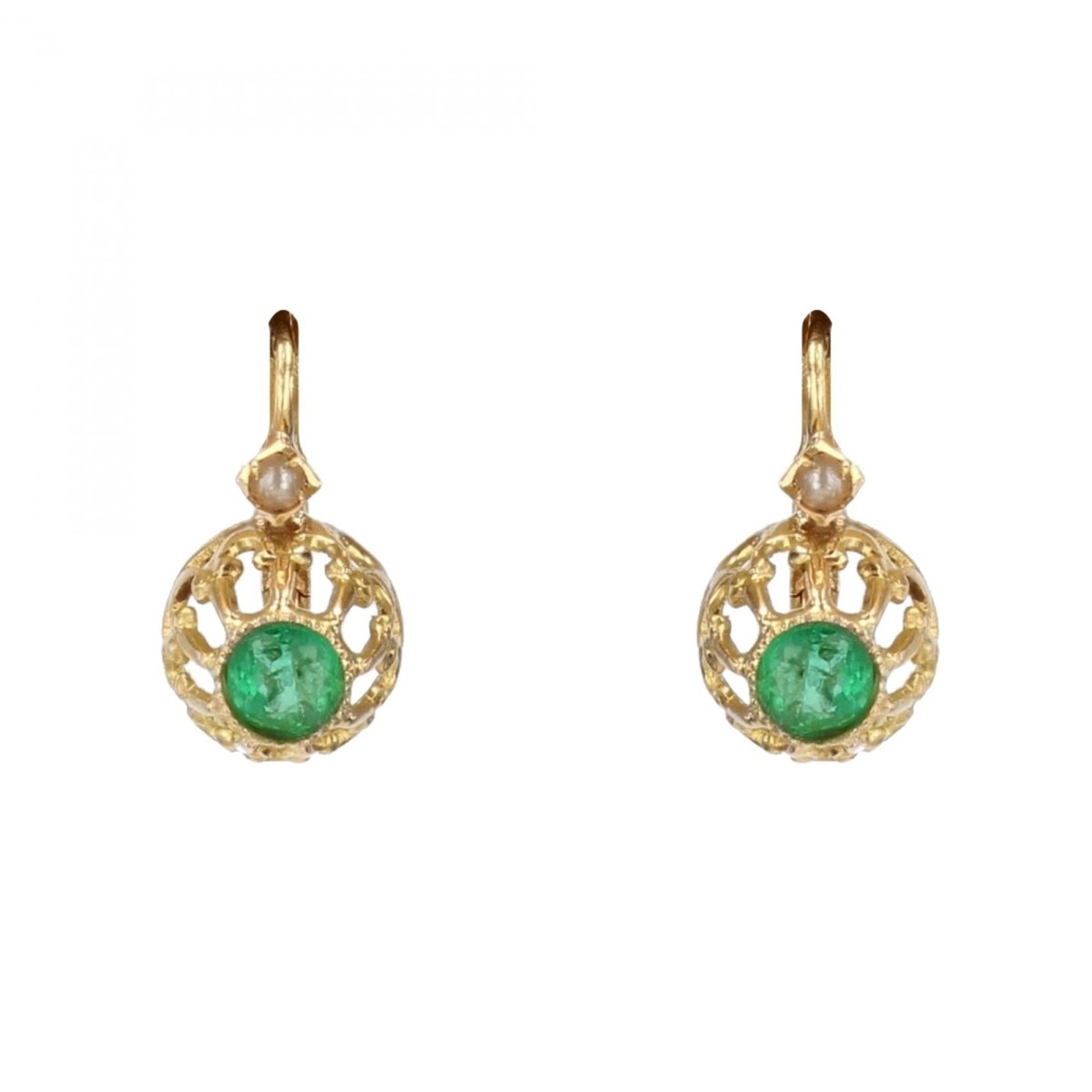 Boucles d'oreilles Dormeuses en or jaune, émeraudes et perles - Castafiore