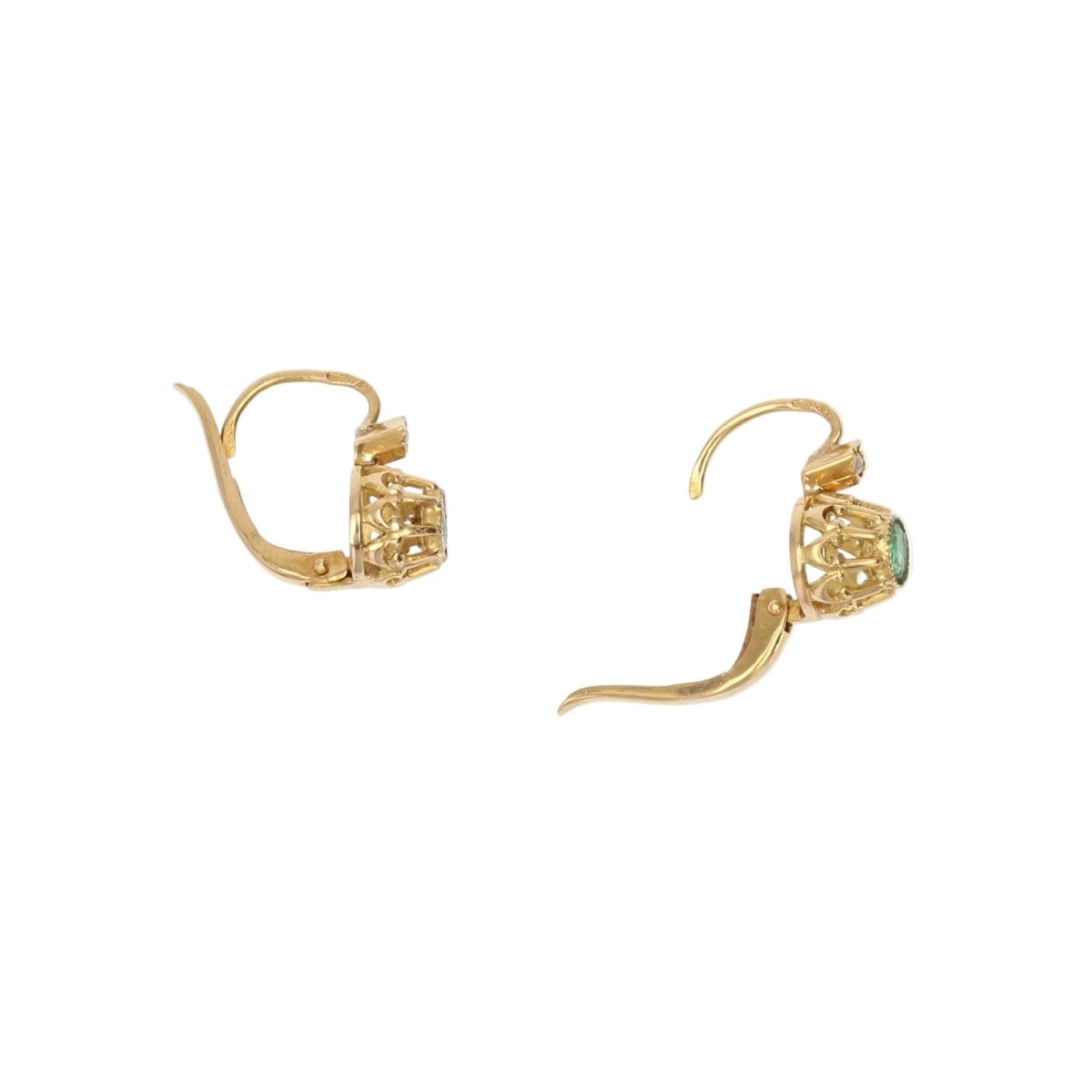 Boucles d'oreilles Dormeuses en or jaune, émeraudes et perles - Castafiore