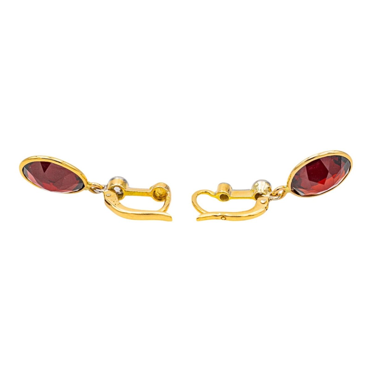 Boucles d'oreilles Dormeuses en or jaune, or blanc, platine, grenats et diamants - Castafiore