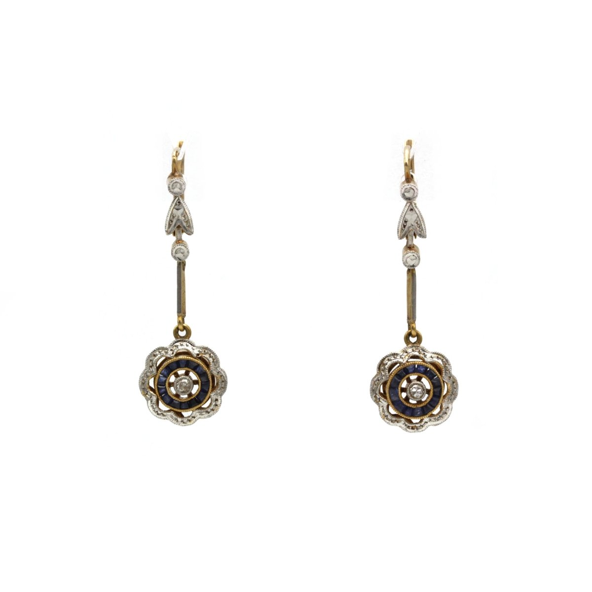 Boucles d'oreilles Dormeuses en or jaune, or blanc, saphirs et diamants - Castafiore