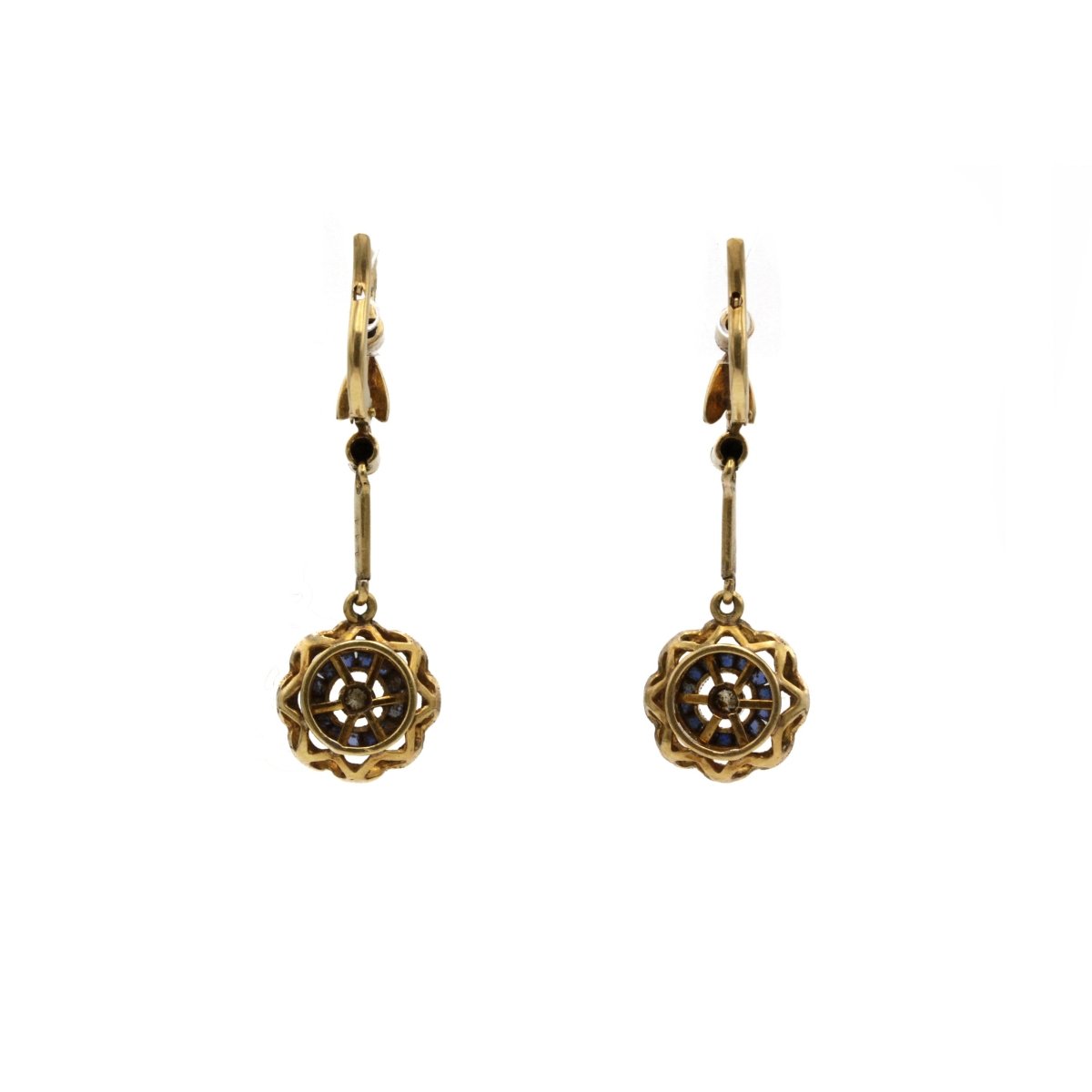 Boucles d'oreilles Dormeuses en or jaune, or blanc, saphirs et diamants - Castafiore