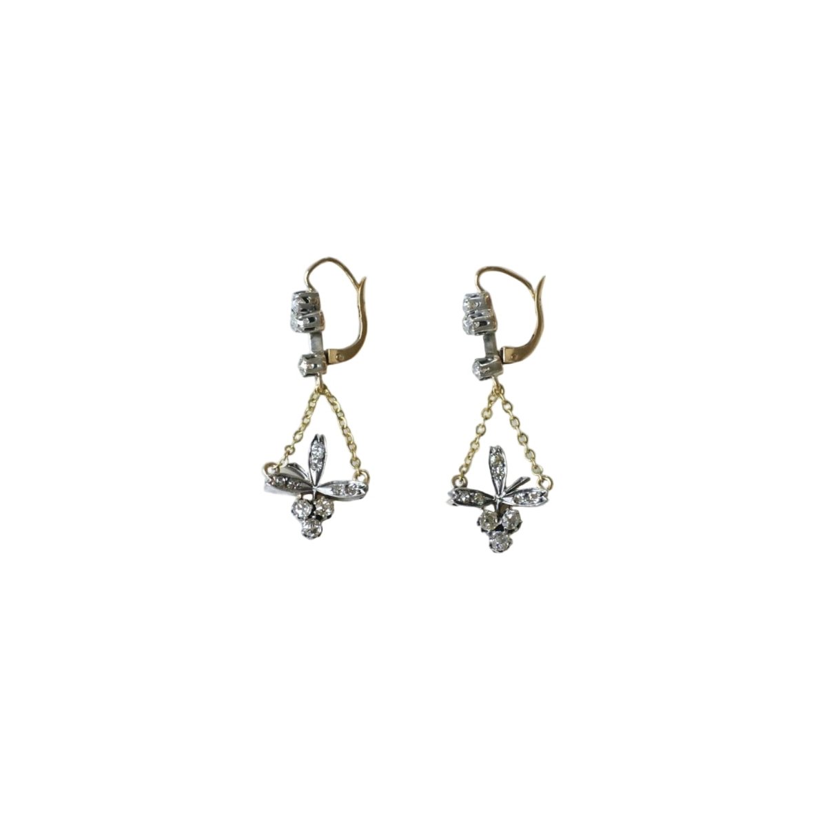 Boucles d'oreilles Dormeuses en or jaune, or rose, argent, et diamants - Castafiore