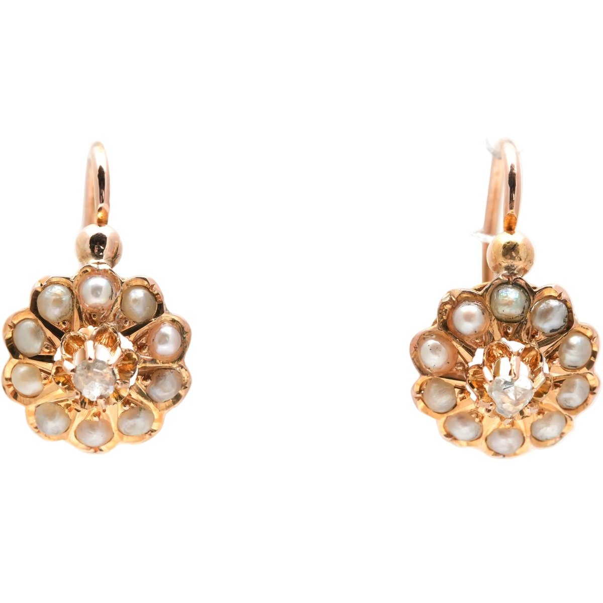 Boucles d'oreilles Dormeuses en or jaune, perles et diamants - Castafiore