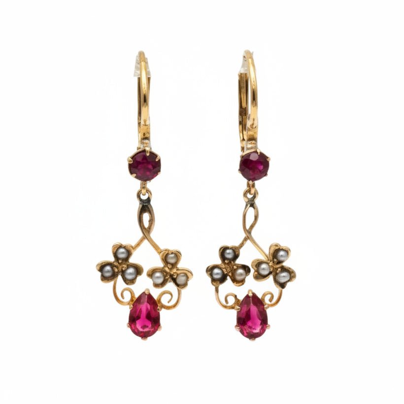 Boucles d'oreilles Dormeuses en or jaune, rubis et perles - Castafiore