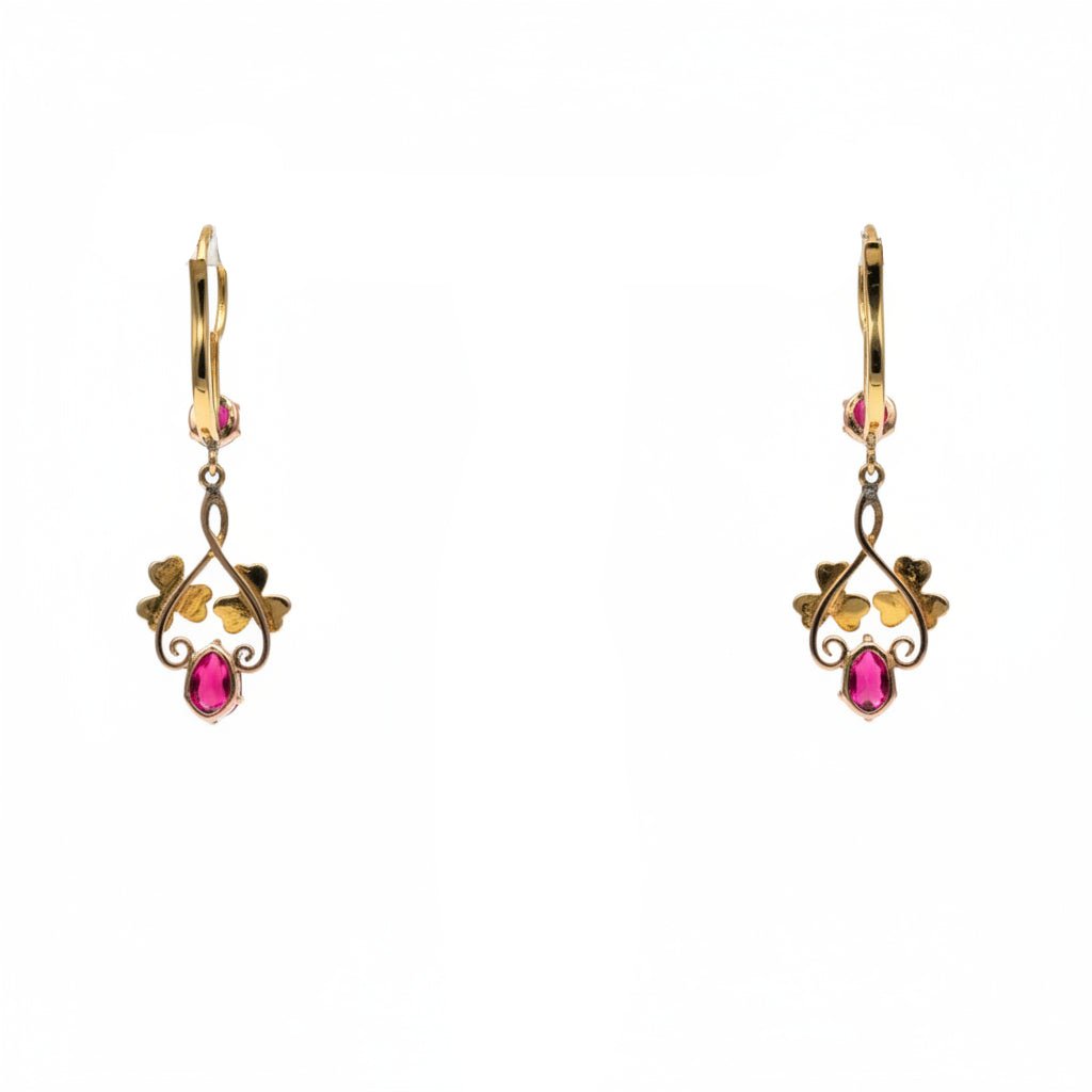 Boucles d'oreilles Dormeuses en or jaune, rubis et perles - Castafiore
