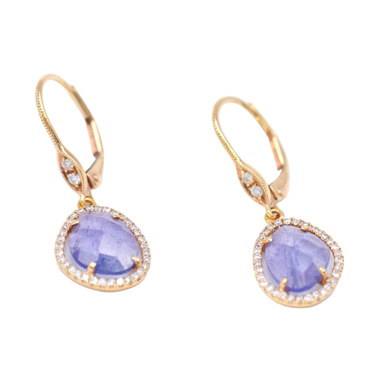 Boucles d'oreilles Dormeuses en or jaune, tanzanites et diamants - Castafiore