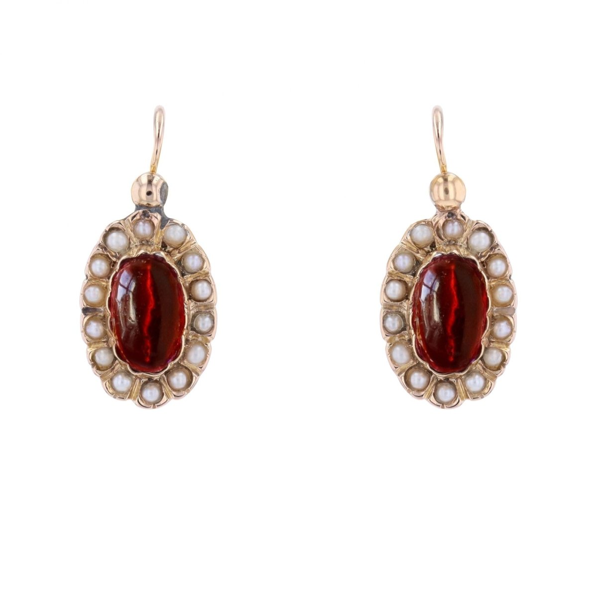 Boucles d'oreilles Dormeuses en or rose, grenats et perles - Castafiore
