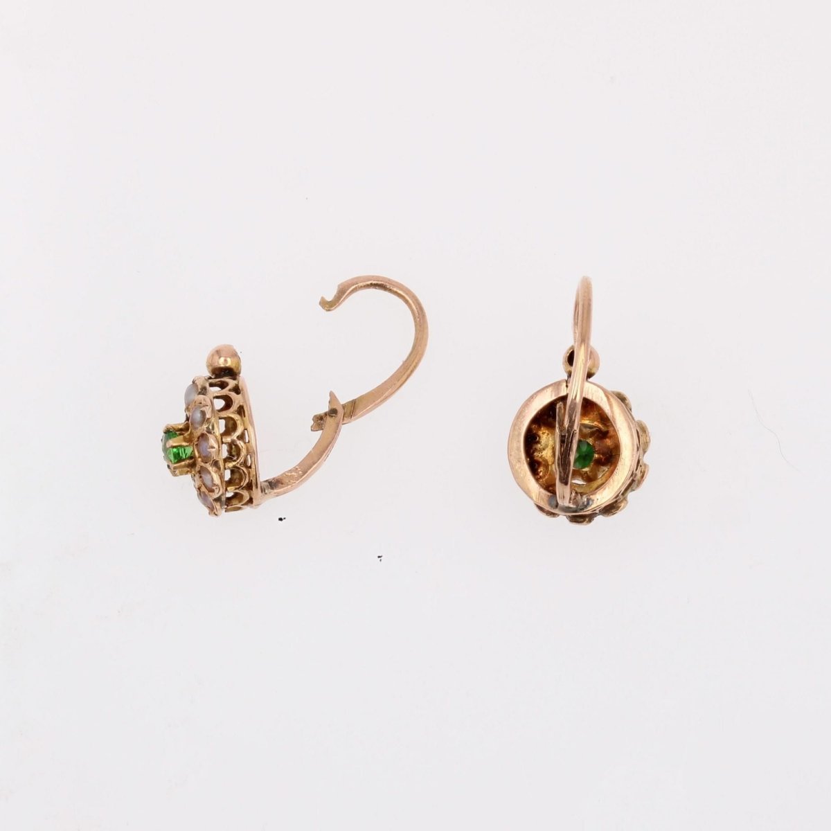 Boucles d'oreilles Dormeuses en or rose, grenats et perles - Castafiore