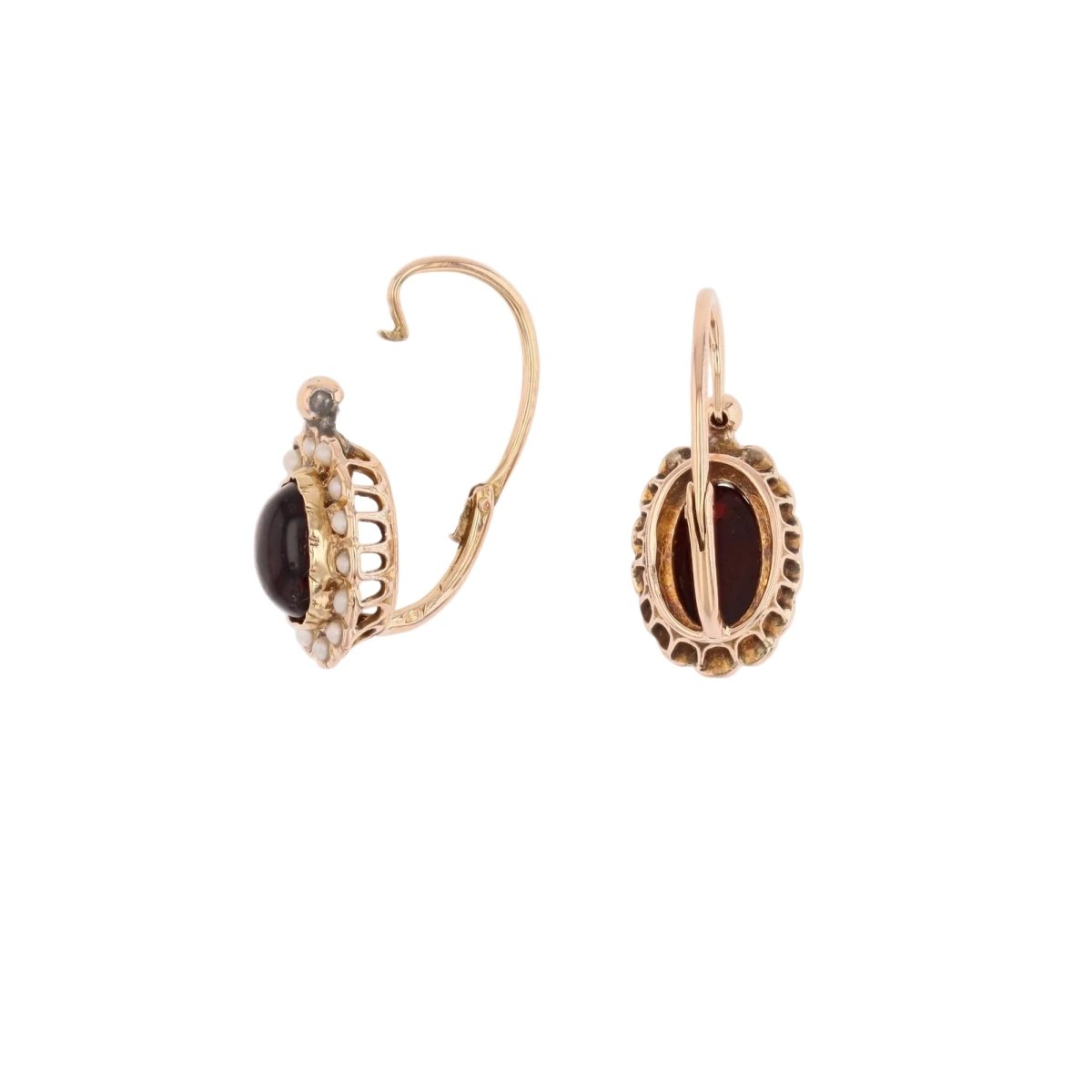 Boucles d'oreilles Dormeuses en or rose, grenats et perles - Castafiore