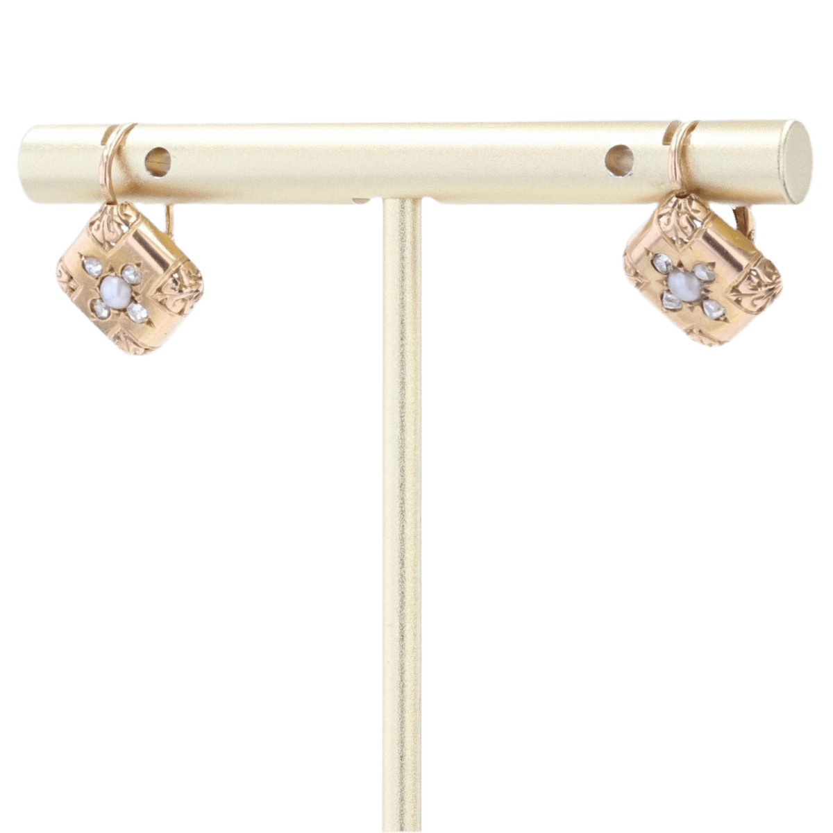 Boucles d'oreilles Dormeuses en or rose, perle et diamants - Castafiore